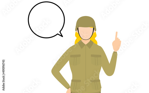 女性兵士のポーズ、指さししながら話す