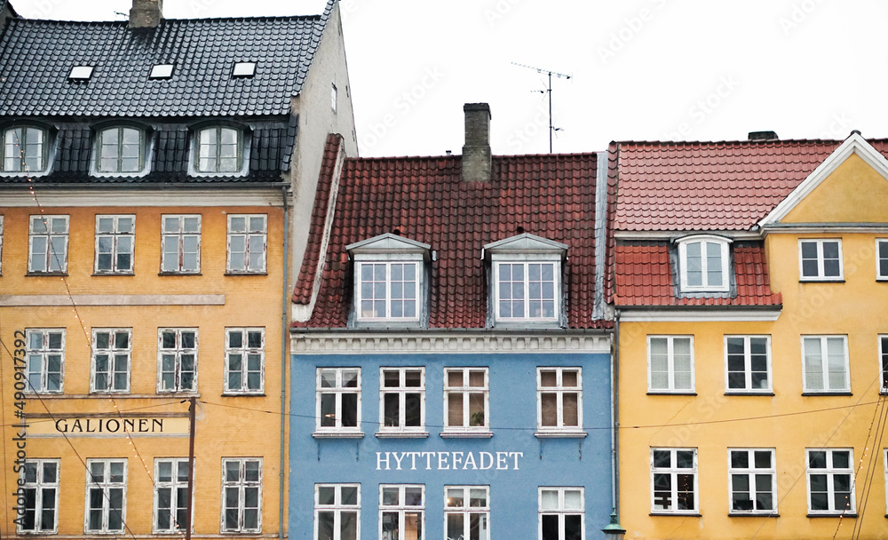 Streets of Copenhagen, Denmark. Houses and streets of Copenhagen. City landscape. Traditional architecture in Copenhagen, Denmark