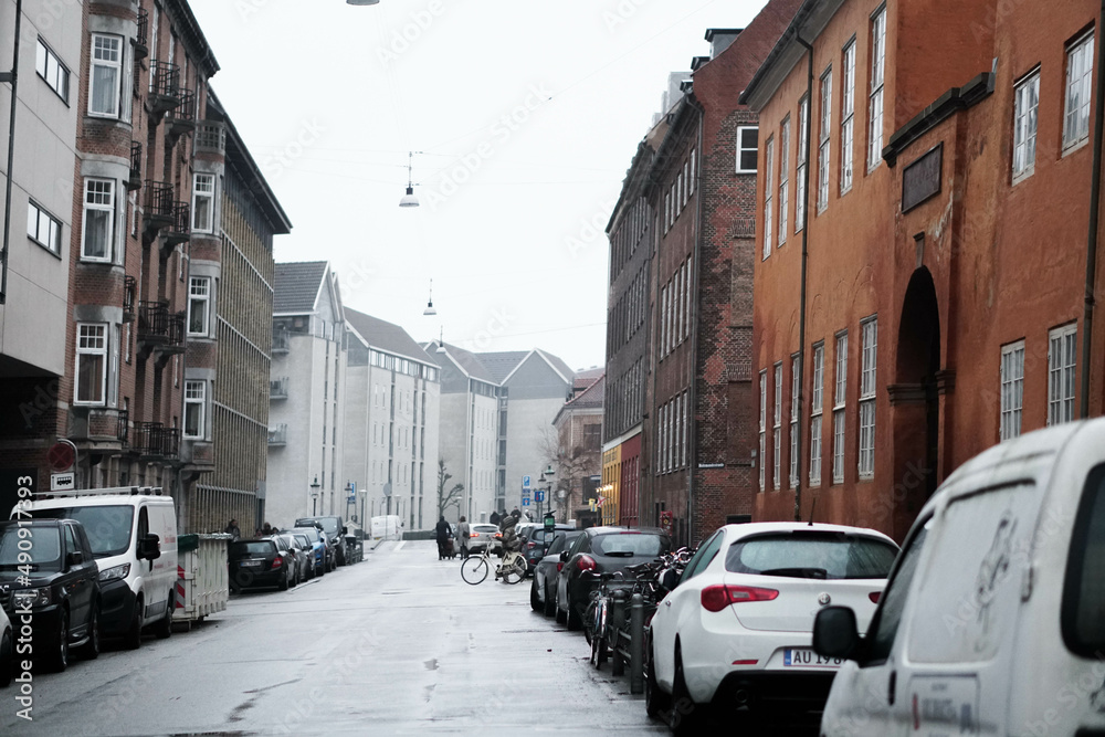 Streets of Copenhagen, Denmark. Houses and streets of Copenhagen. City landscape. Traditional architecture in Copenhagen, Denmark