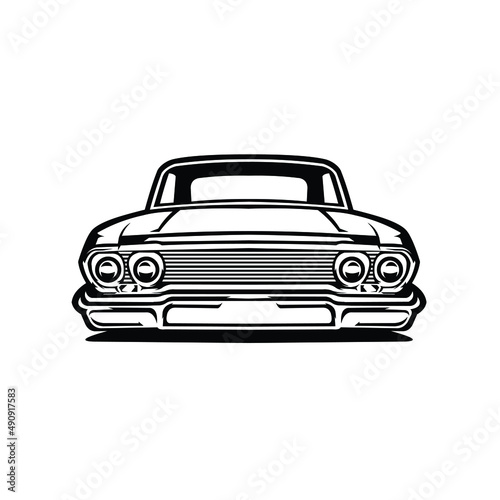 Monochrome vector classic car front view isolated on white background