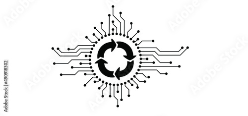 Loading or syncing data cloud. Round go back, return arrow, turn pointer. Circuit board or electronic motherboard. Update, lines and dots connect. Vector high-tech technology refresh data. Communicati