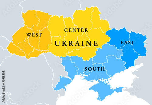 Ukraine geographic divisions, political map. Eastern European country, split into four areas, used in polls, or for reference or statistical purposes. Western, Eastern, Southern and Central Ukraine. photo