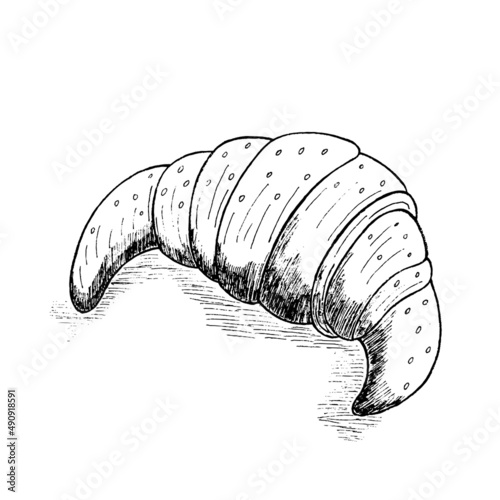 Croissant sweet bakery product sketch engraving vector illustration. Scratch style imitation. Black and white hand drawn image.