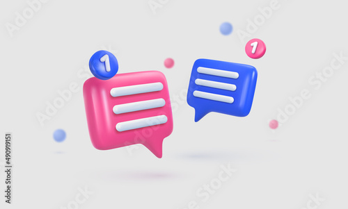 3d vector message icons pink and blue colors. Isolated cartoon mail sms with notifications objects on light background