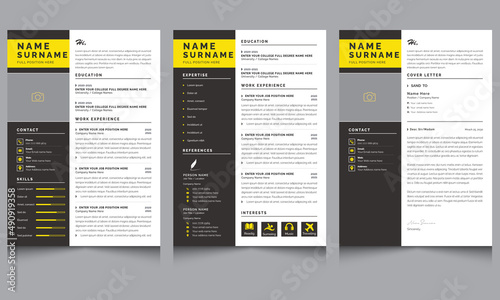 Minimal Creative Resume Template Cv Cover Letter Layout Set with Yellow Elements