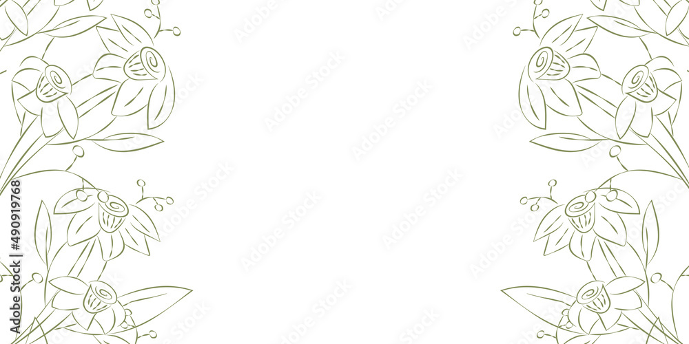 Vector illustration. Festive floral background in green pastel colors, copy space for text. Frame of green narcissus flowers. Rustic style hand drawn horizontal template. Vector illustration. Festive floral background in green pastel colors, copy space for text. Frame of green narcissus flowers. Rustic style hand drawn horizontal template.