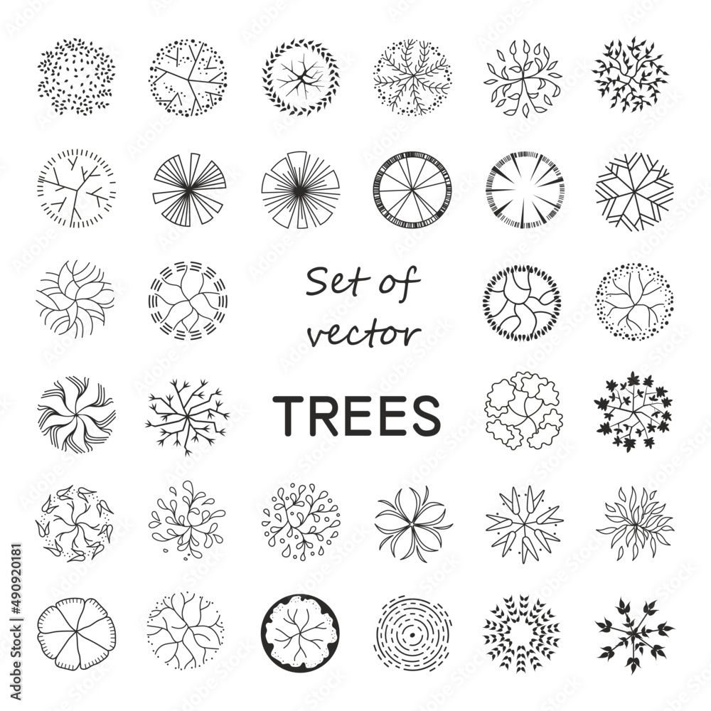Trees for the master plan. Tree for architectural floor plans. Entourage design. Various trees, bushes, and shrubs, top view for the landscape design plan. Vector illustration. Trees for the master plan. Tree for architectural floor plans. Entourage design. Various trees, bushes, and shrubs, top view for the landscape design plan. Vector illustration.