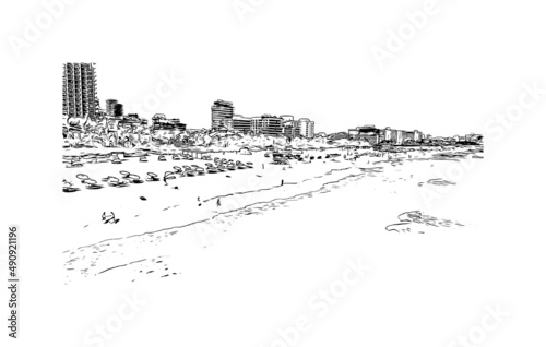Building view with landmark of Miami is the 
city in Florida. Hand drawn sketch illustration in vector.