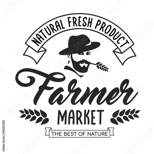 Farmers market emblem in retro style, natural organic products from the farm. Food store logo. Farmers head silhouette. Organic food slogan. Vector vintage illustration.