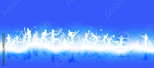 Sports background design with abstract modern template. Vector illustration of sport players in different activities. football, basketball, baseball, tennis, rugby, bicycling