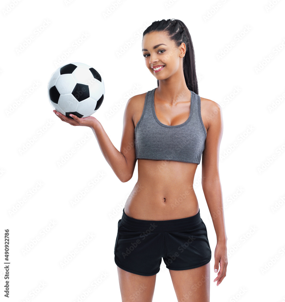 You want it Come and get it. Cropped portrait of a female soccer player isolated on white. You want it Come and get it. Cropped portrait of a female soccer player isolated on white.