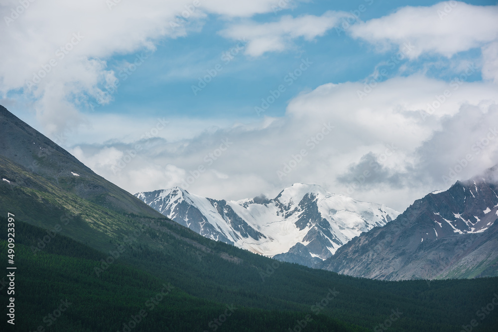Dramatic aerial view above dark forest to large snow mountain range under cloudy sky. Dark atmospheric alpine scenery with forest and high snowy mountain peak in low clouds. Gloomy mountain landscape. Dramatic aerial view above dark forest to large snow mountain range under cloudy sky. Dark atmospheric alpine scenery with forest and high snowy mountain peak in low clouds. Gloomy mountain landscape.