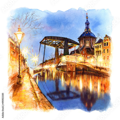 Colour watercolor sketch of Protestant church Marekerk in Leiden, Holland, Netherlands photo