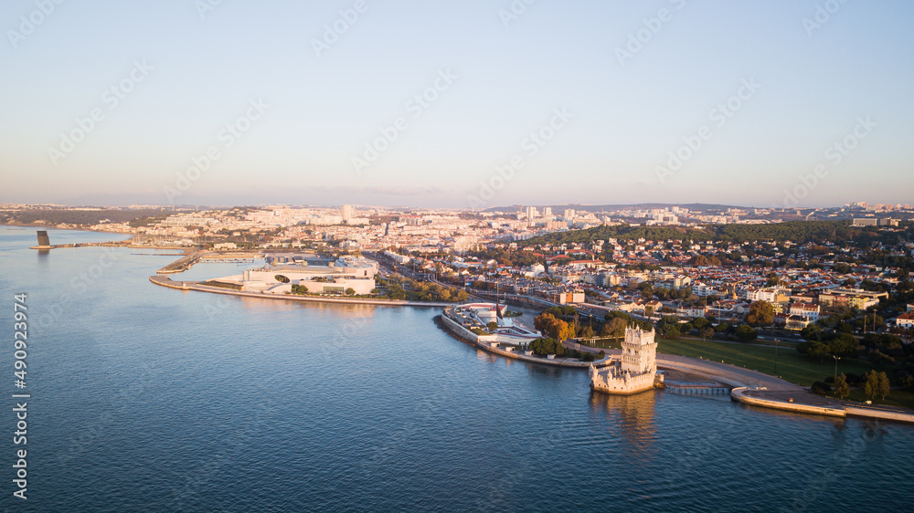 wide angle of Belem tower seen from the air and the river