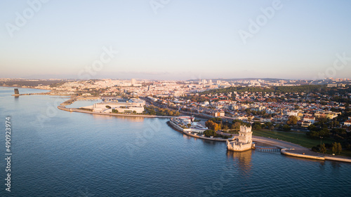wide angle of Belem tower seen from the air and the river