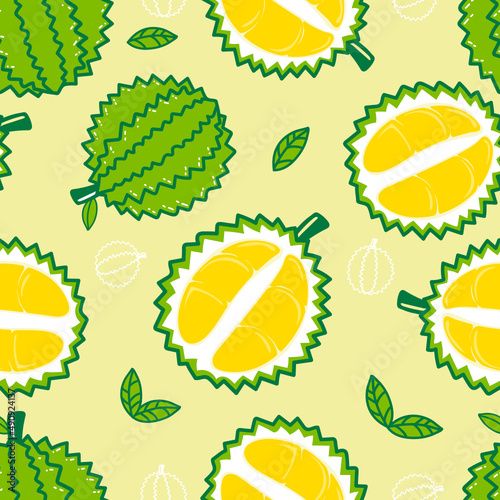 Seamless pattern durian fruits and leaf