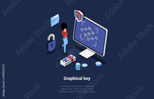 Vector Illustration On Graphical Key Program Concept. Isometric 3D Composition In Cartoon Style. Dark Background And Writing. Unlock Mobile Phone Or Application. Human Standing Near Computer Monitor