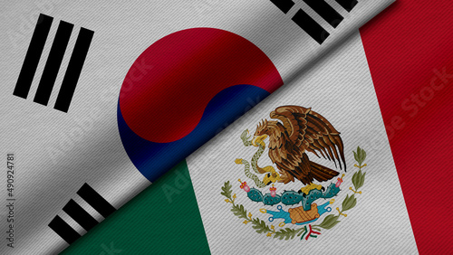 3D Rendering of two flags from Republic of Korea and United Mexican States together with fabric texture, bilateral relations, peace and conflict between countries, great for background