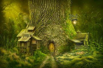 Wandcirkels Olijfgroen Magisch boomhuis in sprookjesbos  © Elena Schweitzer