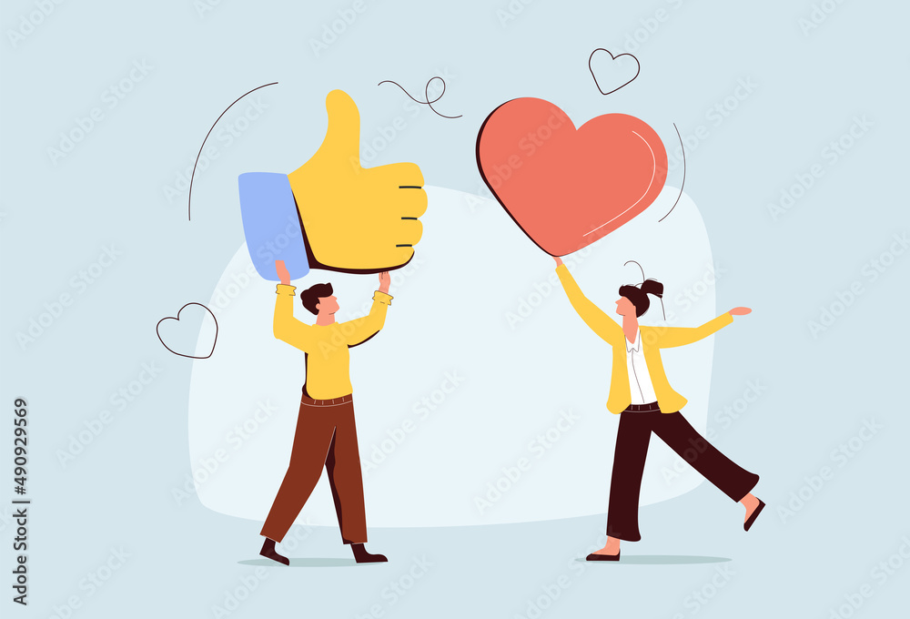 Happy young people holding social icon balloon. Influencer marketing, social media or network promotion, SMM. Attracting Likes, Feedback and Followers in Internet. Strategy, Advertising Promotion