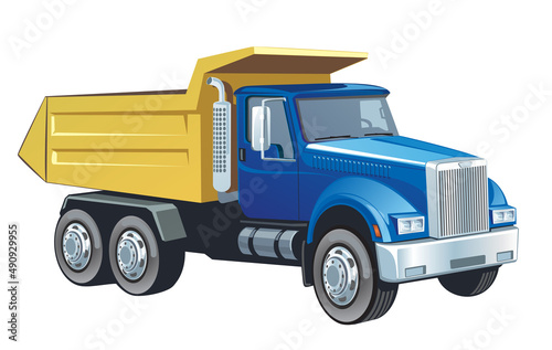 Blue truck with a yellow dump truck isolated on a white background. Vector illustration
