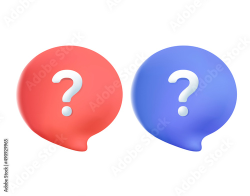 Speech bubble with question mark. FAQ, support, help concept. 3d vector icon. Cartoon minimal style. Set of 3d digital icons with info, question notification sign in different colors. Balloon 3d style