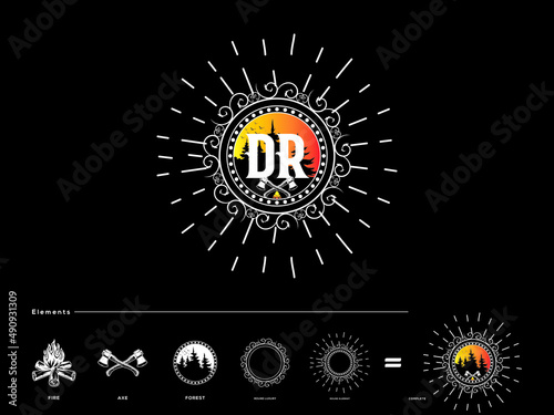 Φωτογραφία Vintage DR Logo, Luxury dr emblem style vector logo icon for Forest Axe Fire Woo