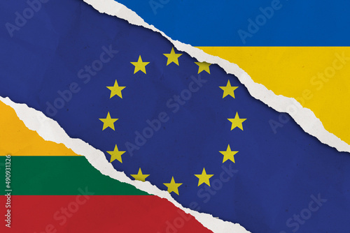 Ukraine, European Union, Lithuania flag ripped paper grunge background