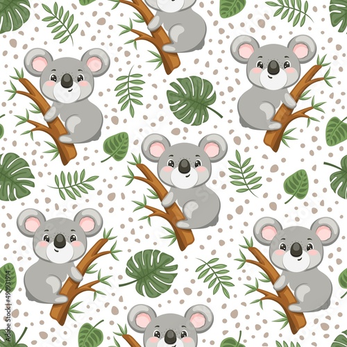 Photography Seamless pattern with koalas and tropical leaves. Vector nature.