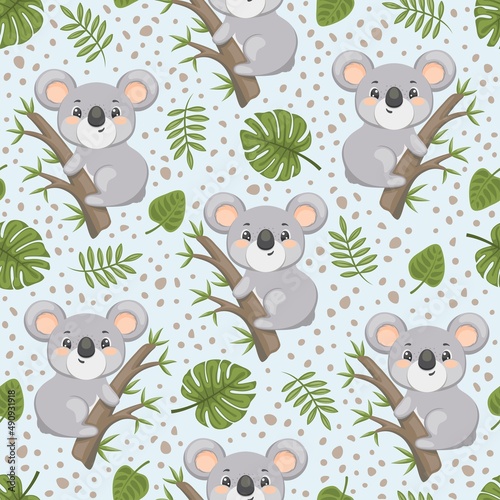 Photography Seamless pattern with koalas and tropical leaves. Vector nature.