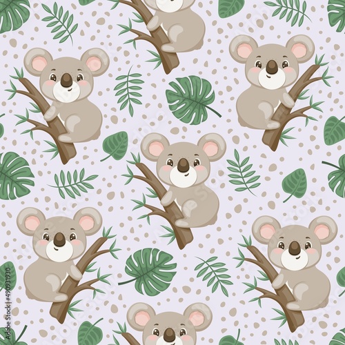 Photography Seamless pattern with koalas and tropical leaves. Vector nature.
