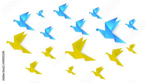 Paper dove. Pray for Ukraine. Symbol of peace with the color of the flag of Ukraine. No war. 