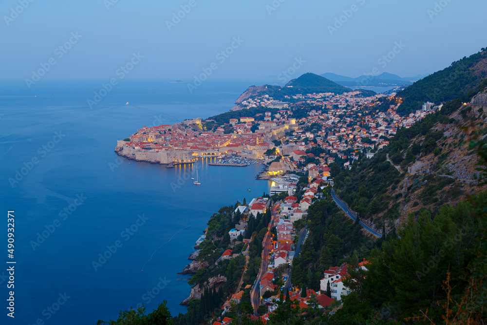 View from above city of old town of Dubrovnik at dusk. Croatia. Europe.