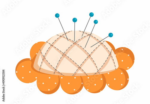Pincushion with needles isolated on white background. Illustration in interesting colors. Vector illustration