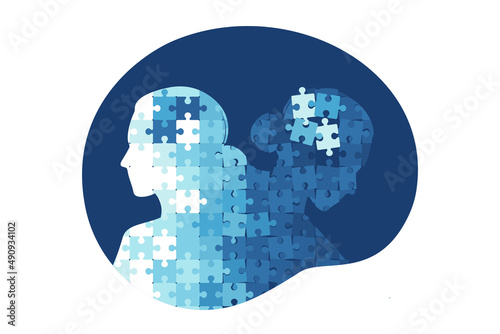 Mental illness and disorder concept. Head profile with of a healthy woman and head profile with puzzle pieces falling apart. Vector illustration. Flat.