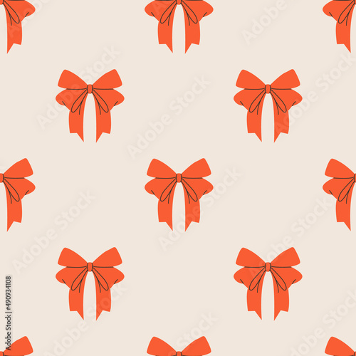 Festive gift bows and ribbons in cartoon style. Simple decorative bow for hair. Red bow for presents wrapping elements. Gift birthday xmas sale decor. Hand drawn flat vector seamless pattern.