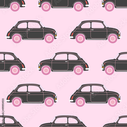 Old classic vintage european black car. Small fashioned sedan car hand drawn flat vector seamless pattern. Elegant British retro car design. Modern trendy vehicle transport. Side view. 