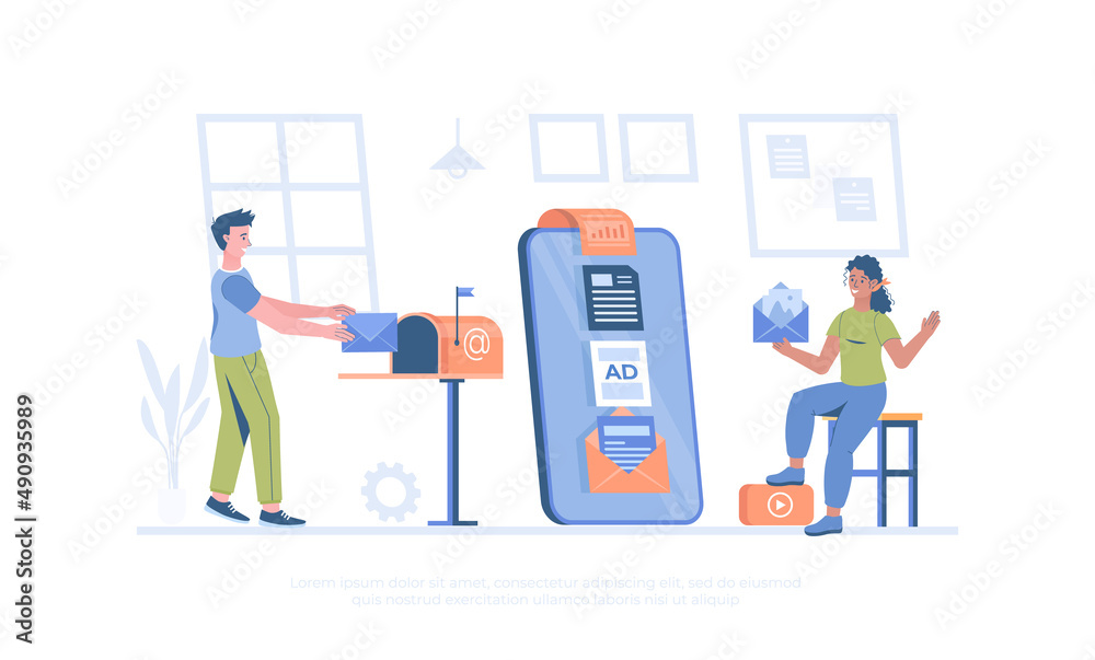 Digital promotion of company products, Clients communication. Email Marketing Services, Advertising Campaign. Cartoon modern flat vector illustration for banner, website design, landing page.