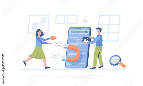 Inbound Marketing. Marketer attracts a clients  with useful content adapted to user requests. Cartoon modern flat vector illustration for banner, website design, landing page.
