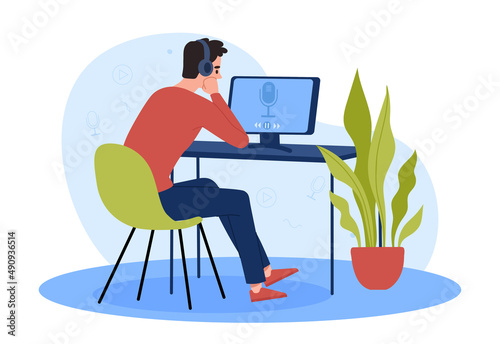 Listening to audio podcast. Young guy in headphones sits in front of monitor, electronic courses and training on Internet, education. Useful video and audio materials. Cartoon flat vector illustration