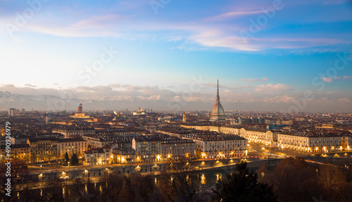 Turin, Italy. Panorama from Monte dei Cappuccini (Cappuccini's Hill) at sunset with Alps mountains and Mole Antonelliana photo