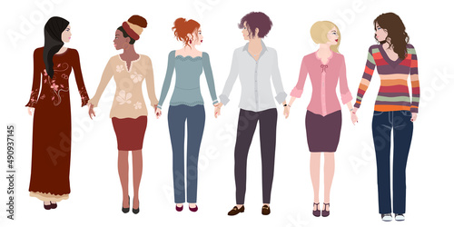 Isolated group of multicultural and multi-ethnic women holding hands. Diversity women. Female social network community. Racial equality. Allyship. Empowerment. Colleagues. Teamwork