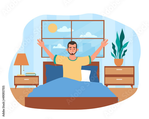 Man waking up. Young guy pulls himself up in morning on bed. Good sleep in comfort and coziness. Positive and optimistic character on weekend. Relax and rest. Cartoon flat vector illustration