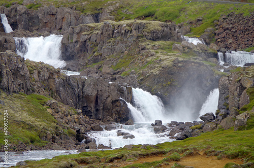 Breathtaking scenery of mountains, galciers and waterfalls in Seydisfjordur, Iceland during cruising to Polar Sea with beautiful scenic panorama nature landscape in Fjord	 photo