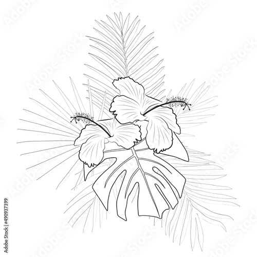 hibiscus flowers and palm leaves