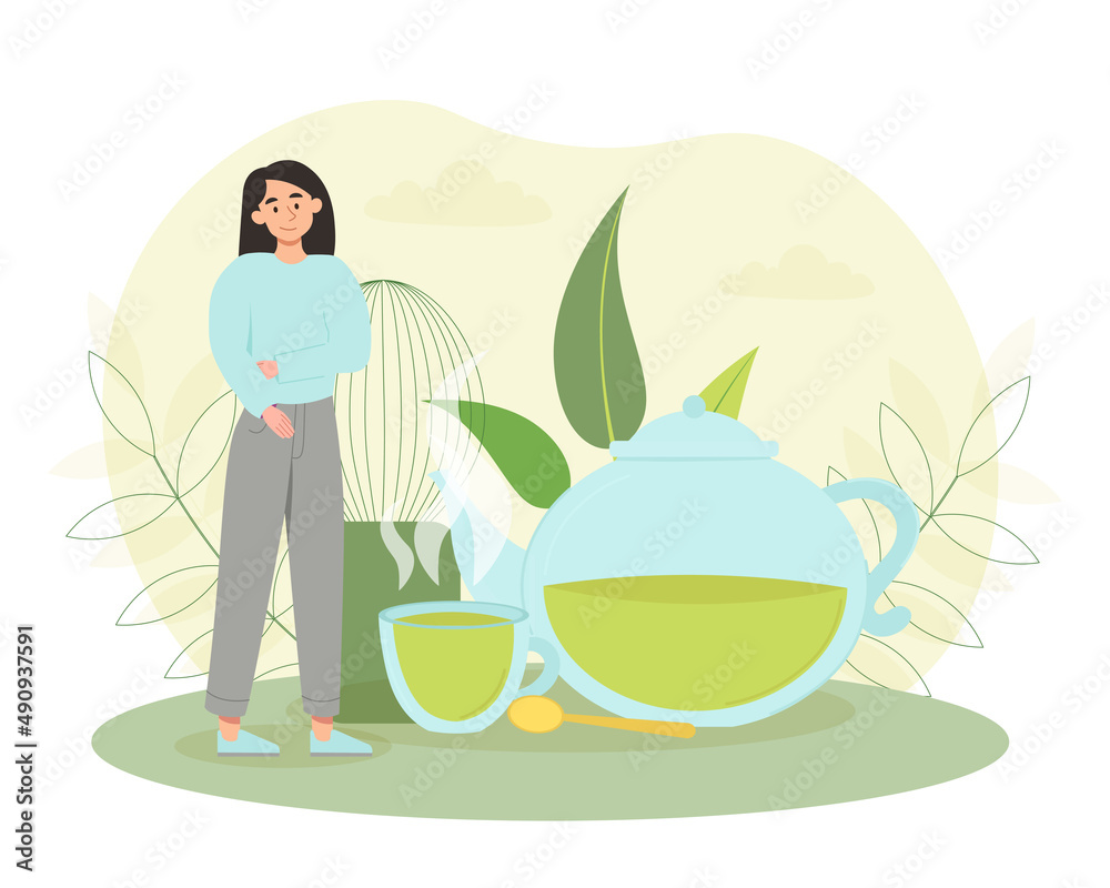 Woman with matcha tea. Delicious morning hot drink. Freshness and energy, tranquility, traditional English cuisine. Useful products, health care, nutrition and diet. Cartoon flat vector illustration Woman with matcha tea. Delicious morning hot drink. Freshness and energy, tranquility, traditional English cuisine. Useful products, health care, nutrition and diet. Cartoon flat vector illustration