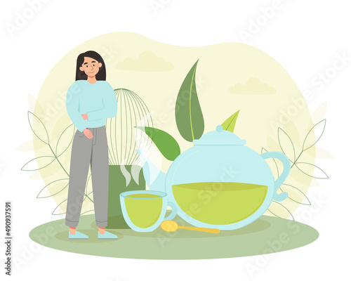 Woman with matcha tea. Delicious morning hot drink. Freshness and energy, tranquility, traditional English cuisine. Useful products, health care, nutrition and diet. Cartoon flat vector illustration