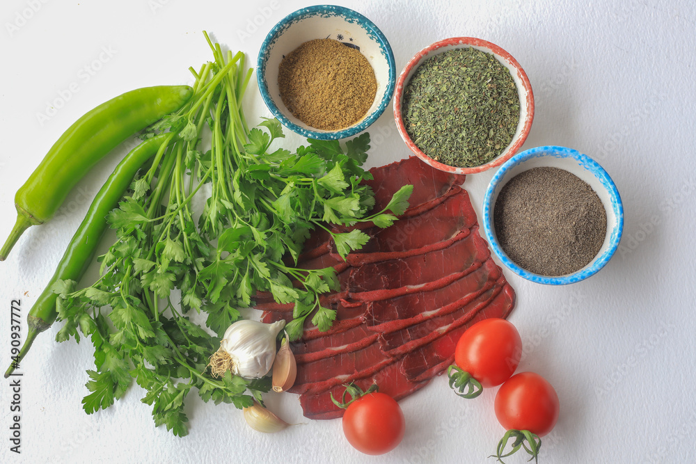 Turkish pastrami. sliced bacon. Pastrami is made from the ribeye and