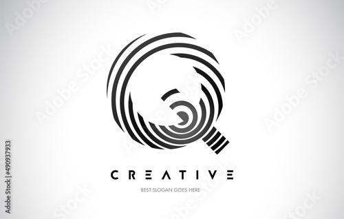 Q Lines Warp Logo Design. Letter Icon Made with Black Circular Lines.