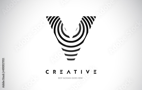 V Lines Warp Logo Design. Letter Icon Made with Black Circular Lines. photo